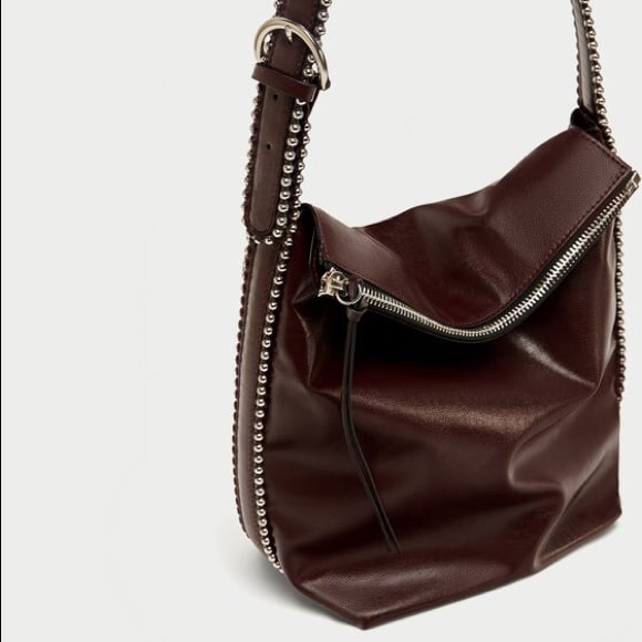 Zara Handbags - Zara burgundy studded bucket bag